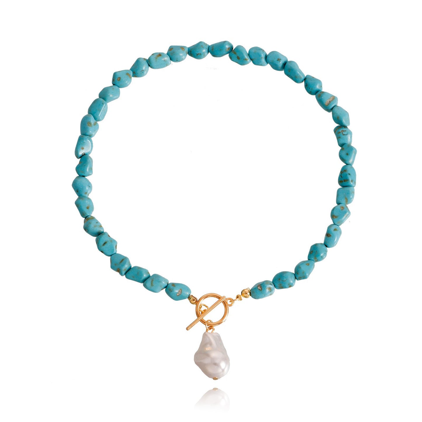 Natural Style Irregular Turquoise and Pearl Pendant Necklace for Women with Geometric Shape Alloy Chain and Electroplated Finish