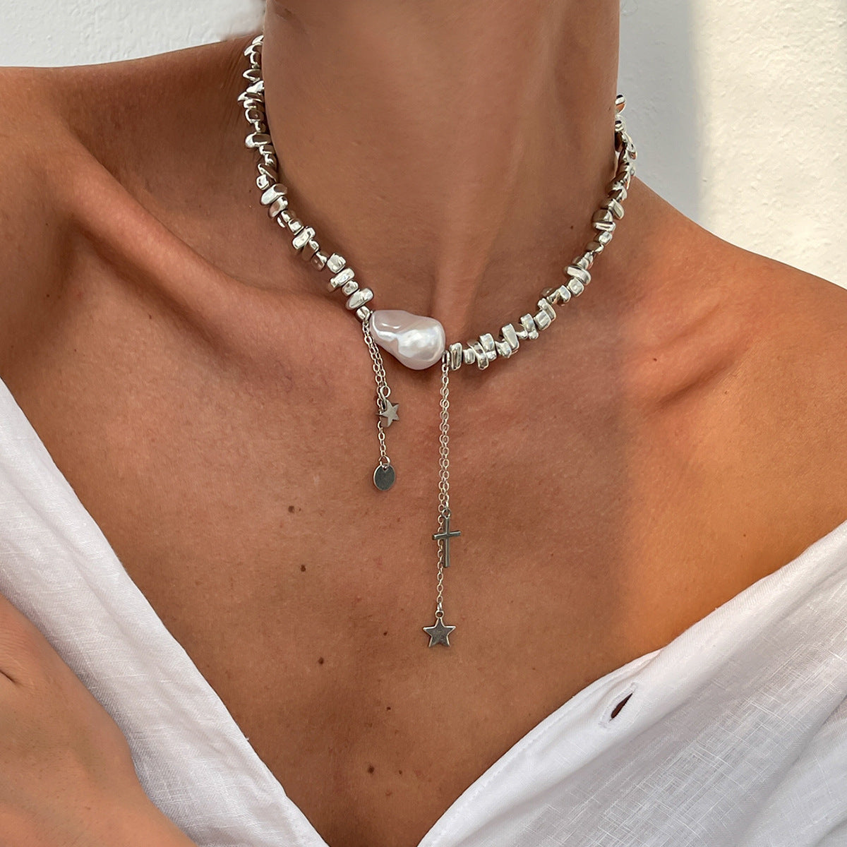 Elegant Geometric Star Irregular Pearl Plated Iron Alloy Pendant Necklace for Women