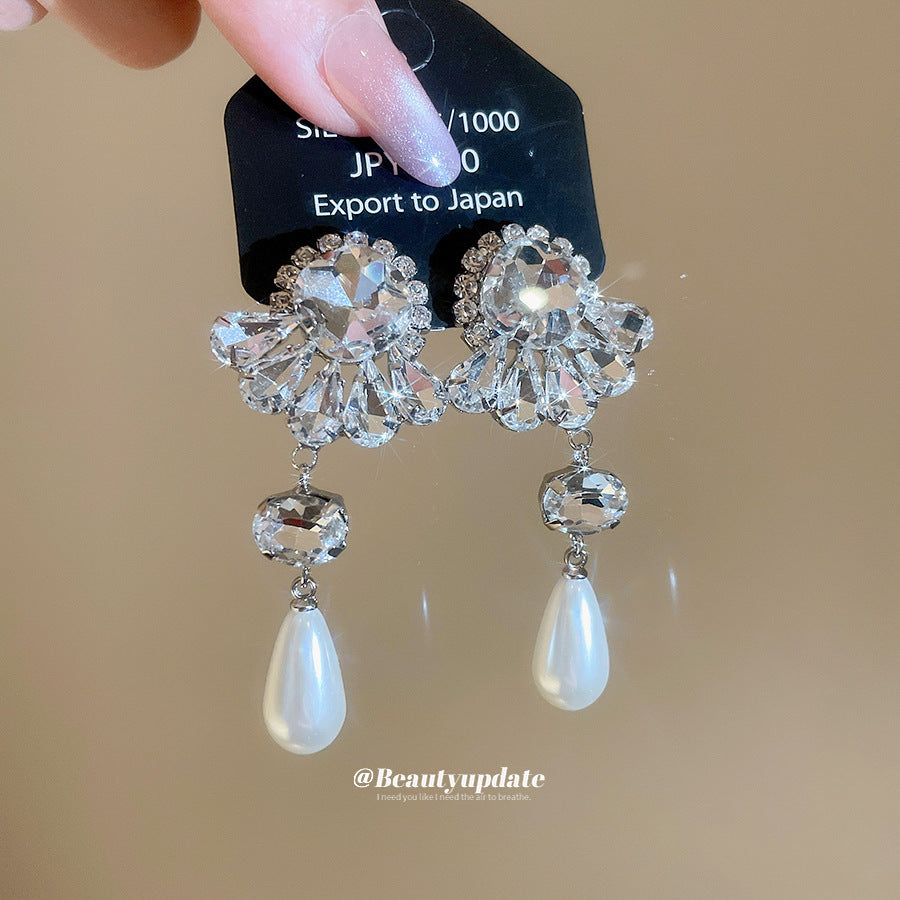 Orecchini da donna pendenti a goccia eleganti e minimalisti con perle e strass, perni in argento sterling 925