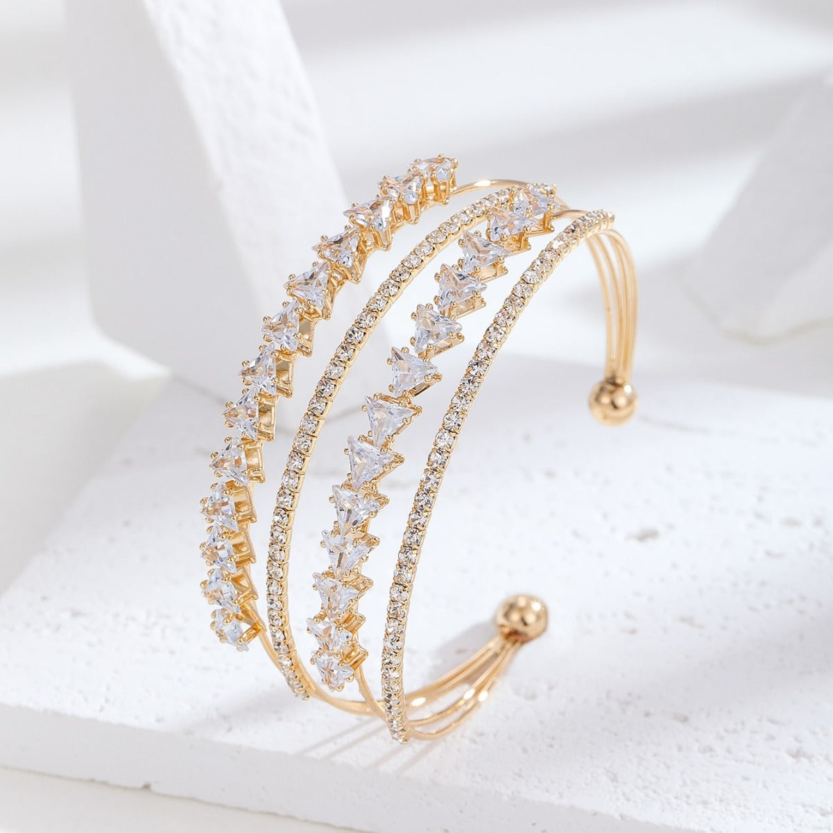 Minimalist Geometric Open Adjustable Bracelet for Women Made of Brass with Zircon Inlay