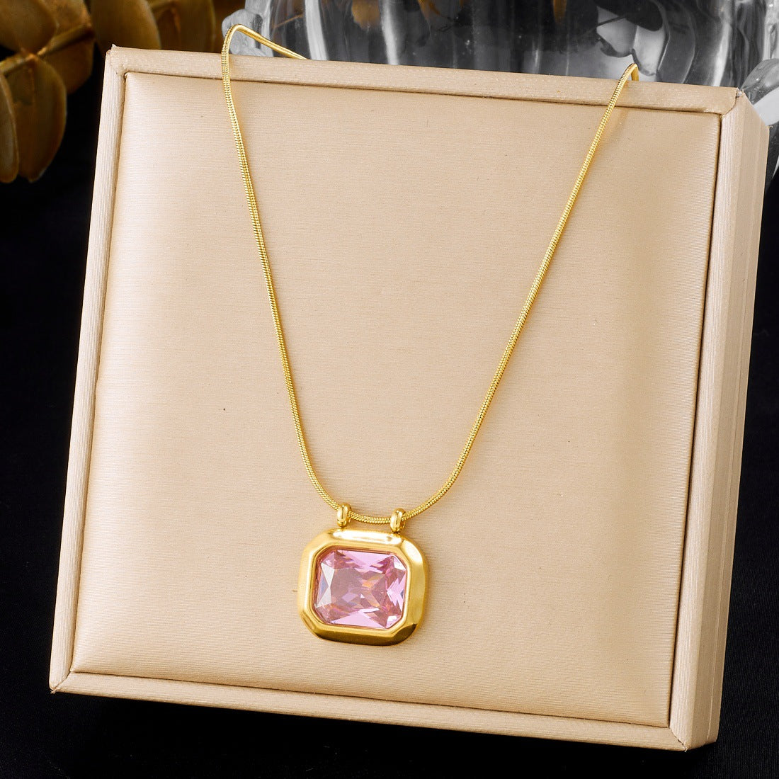 Vintage Geometric Square Round Rhinestone Inlay Gold Plated Stainless Steel Pendant Necklace with Snake Chain for Women