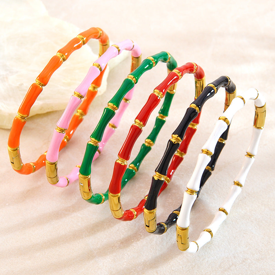 Pulsera de acero inoxidable chapado en oro de 18 quilates con bambú, estilo casual de moda