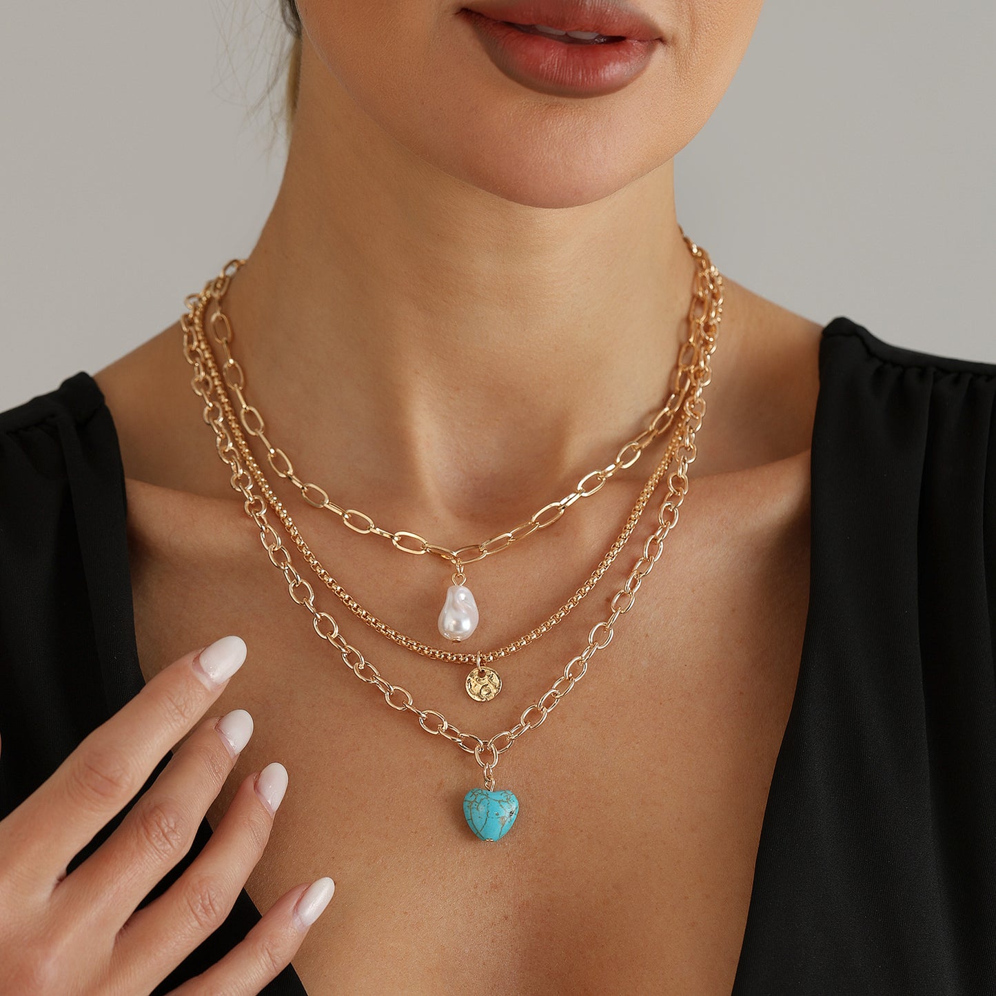 Vintage Heart Geometric Turquoise Inlay Alloy Plated Layered Necklace for Women and Men