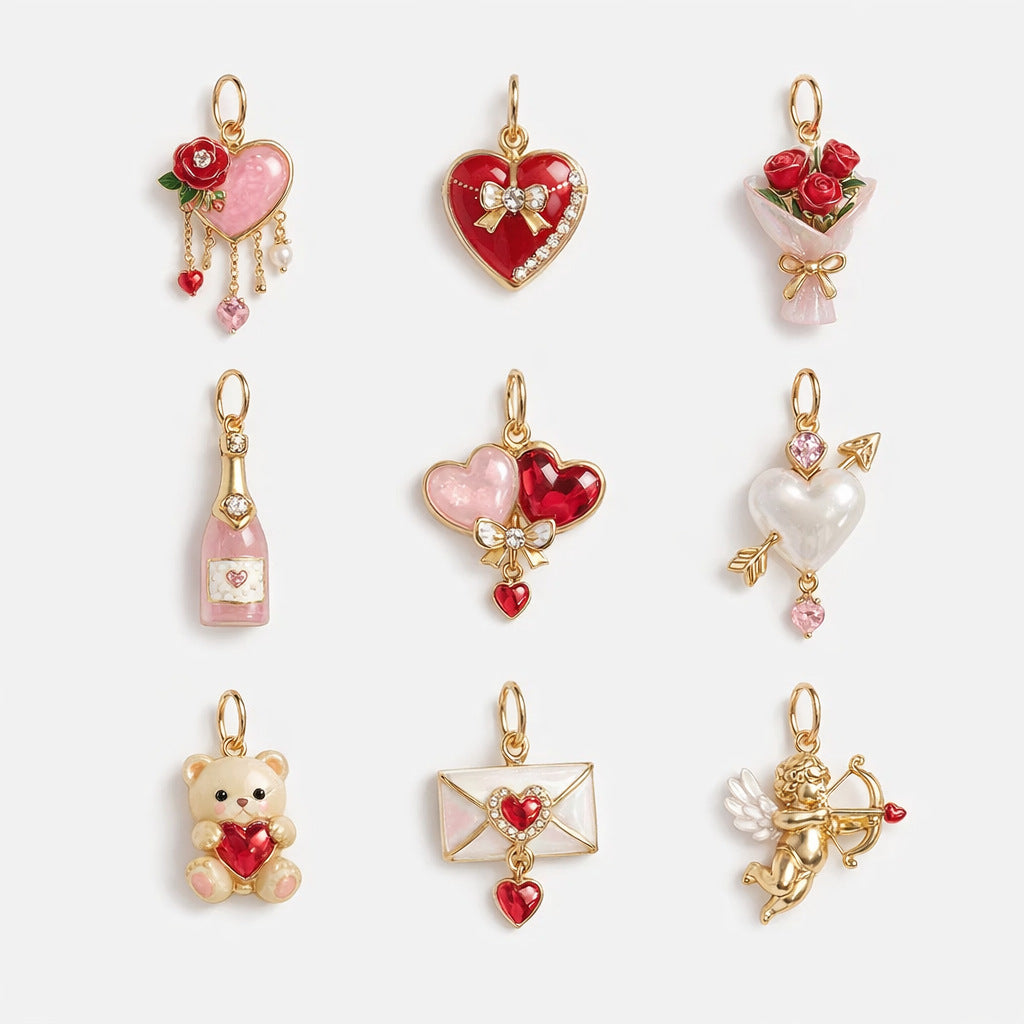 Barretta Ciondolo Vintage Orsetto Cuore con Smalto a Goccia Placcato Oro 14K
