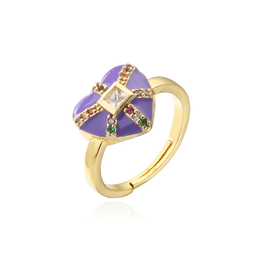 18K Gold Plated Brass Micro-inlay Cubic Zirconia Drip Oil Heart Ring for Women