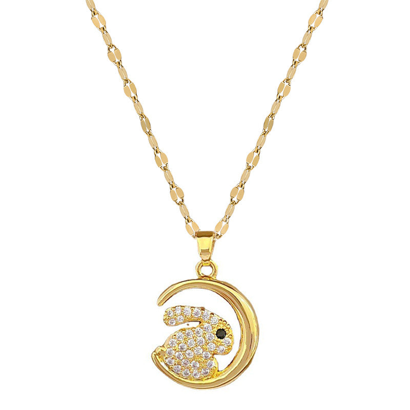 Cartoon Style Moon and Rabbit Shaped Titanium Steel Necklace with Rhinestone Inlay, Geometric Pendant, Fresh and Sweet Design for Women