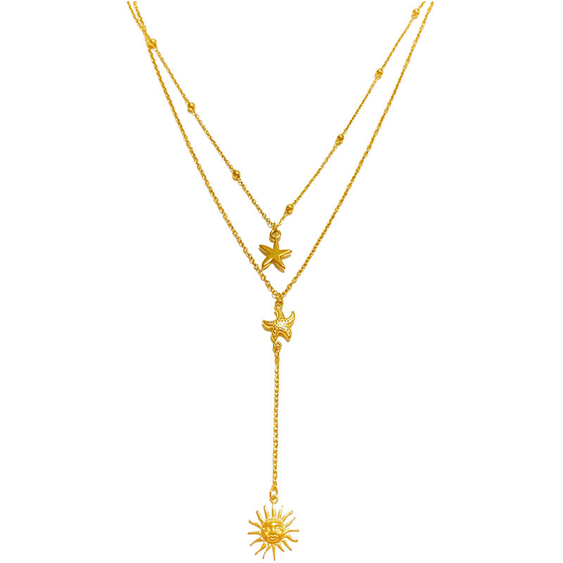 Vintage Star Moon Titanium Steel Plated Layered Tassel Necklace for Unisex