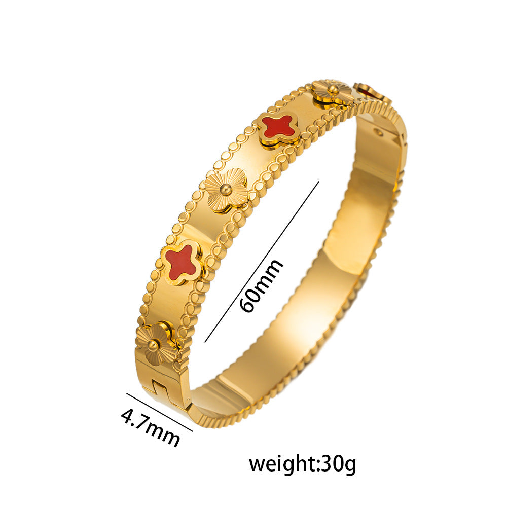 Bracciale da donna in acciaio al titanio a forma di quadrifoglio con intarsio in madreperla, stile minimalista