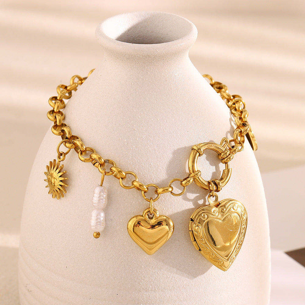 Fashionable OL Style Heart-Shaped Stainless Steel Plated 18K Gold Circle Link Bracelet for Women