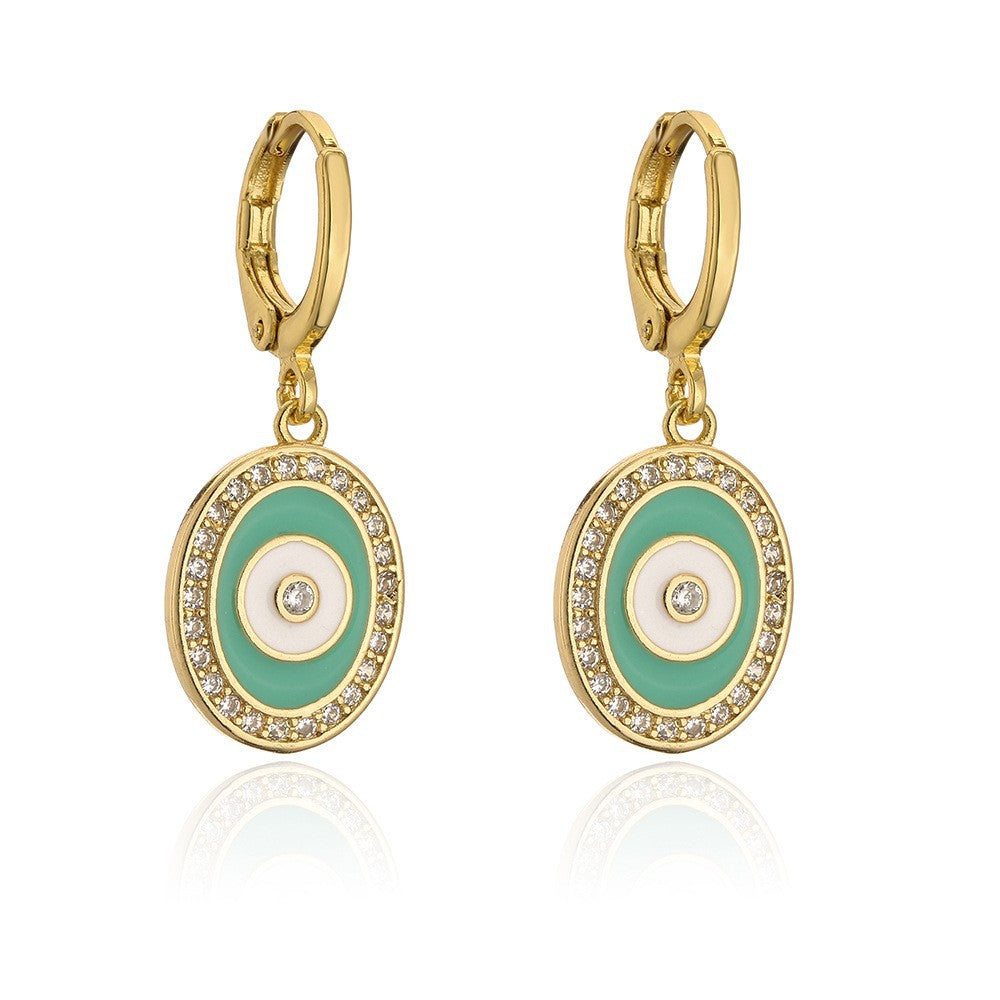 Fashionable Geometric Evil Eye Earrings for Women with Copper Base Plated in Real Gold and Zircon Inlay