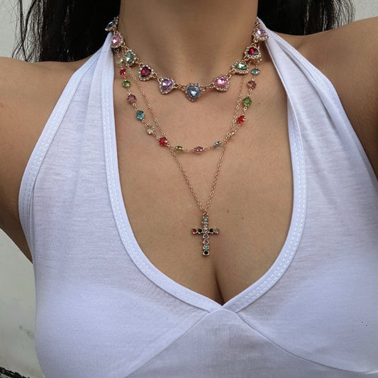 Collana Sweet Streetwear con Ciondolo a Cuore e Croce in Lega Placcata e Strass Colorati