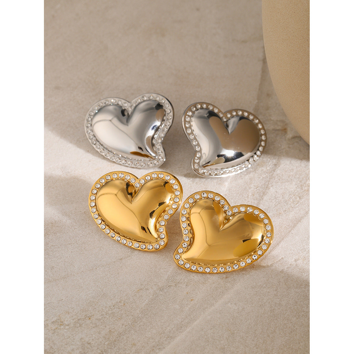 Ins Style Asymmetrical Heart-Shaped Earrings in Stainless Steel with 18K Gold Plating and White Rhinestone Inlay