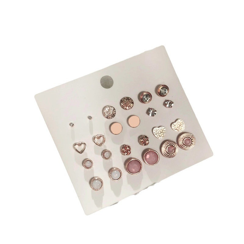 Minimalist Sweet Heart Round Geometric Alloy Micro-set Diamond Jade Stud Earrings with Steel Posts