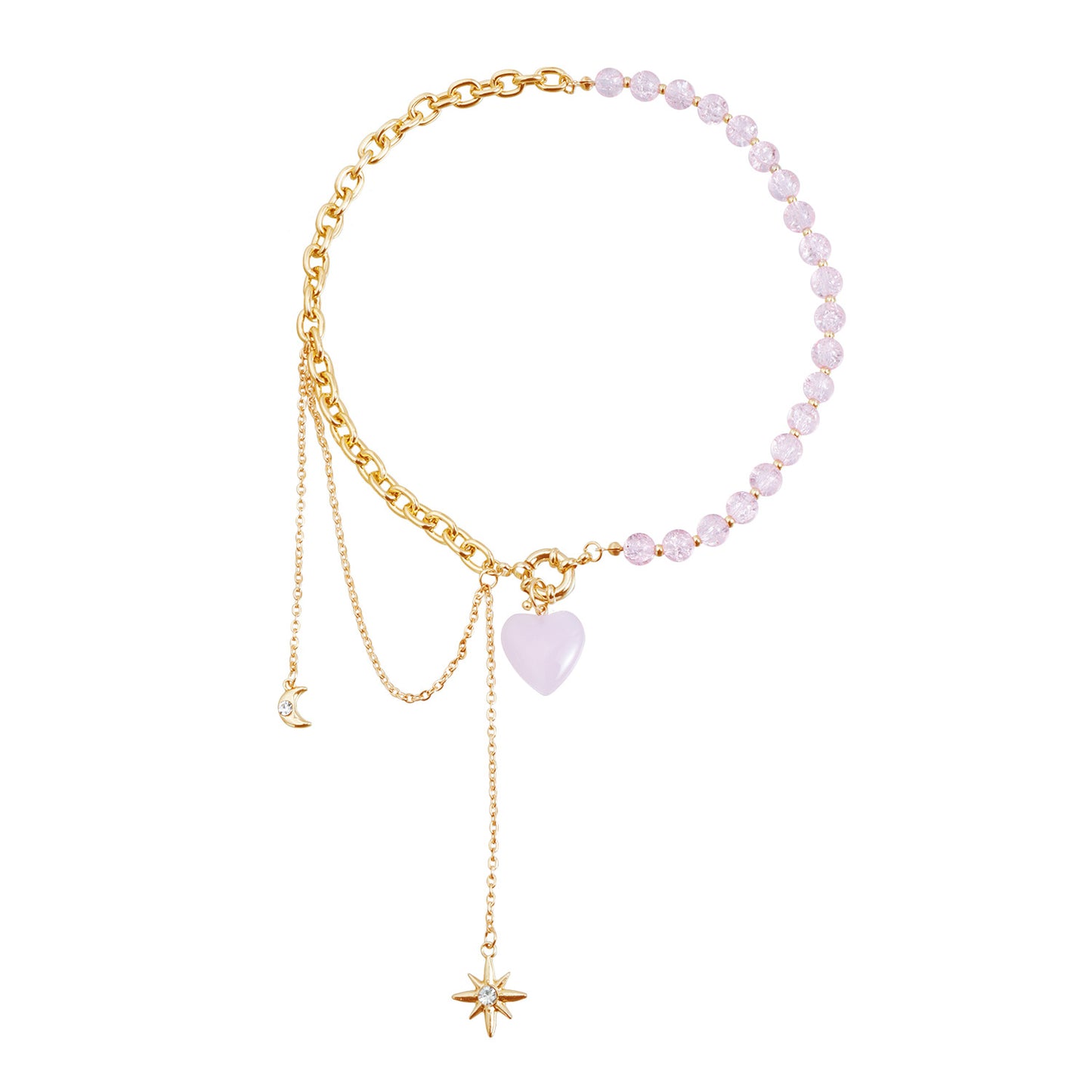 Sweet Streetwear Crackle Crystal Heart Geometric Star Glass Pendant Aluminum Alloy Plated Necklace Bracelet Set for Women and Men