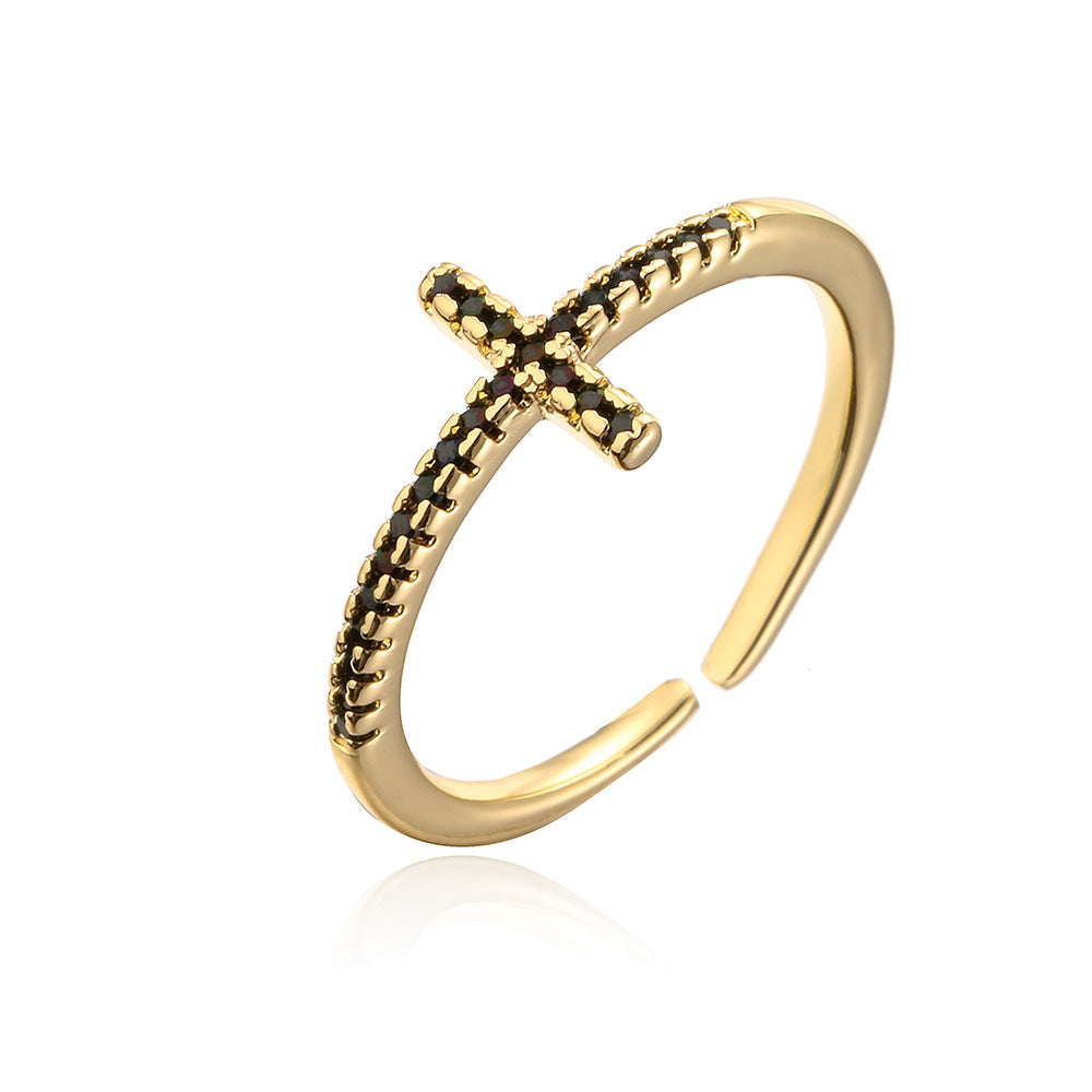 Minimalist Geometric Open Ring for Women with Copper Base Plated in 18K Gold and Micro-Paved Zirconia with Enamel Finish