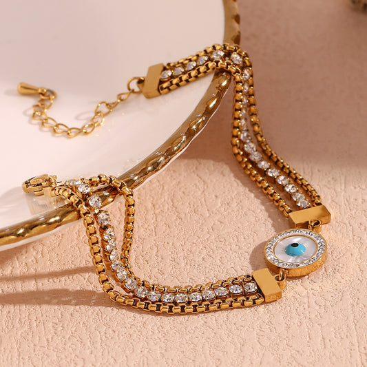 Pulsera triple capa de acero inoxidable con chapa de oro de 18 quilates, diseño geométrico de círculos y cuadrados con circonitas, para mujer