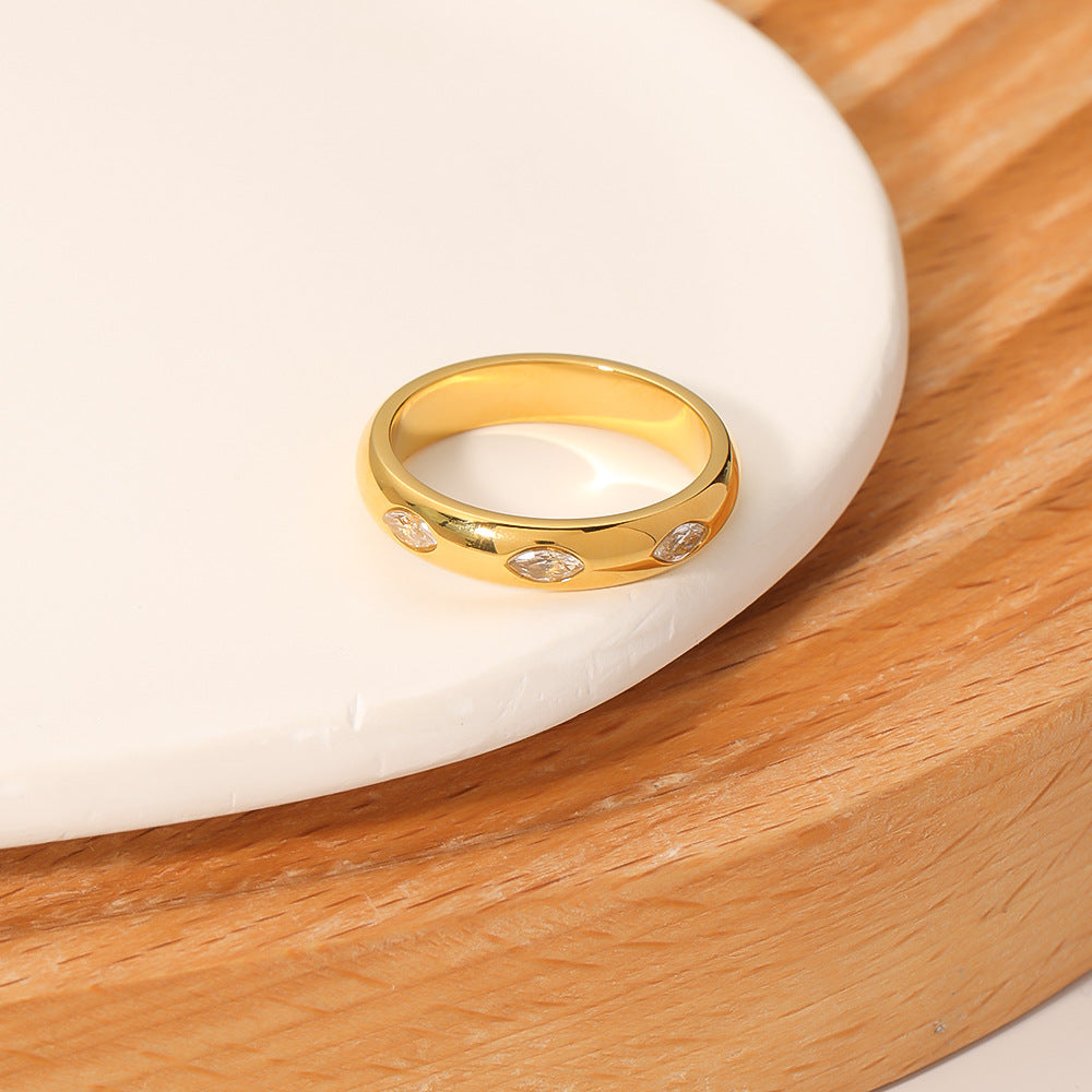 Ins Style Geometric Round White Zircon Ring 18K Gold Plated Stainless Steel Jewelry for Women