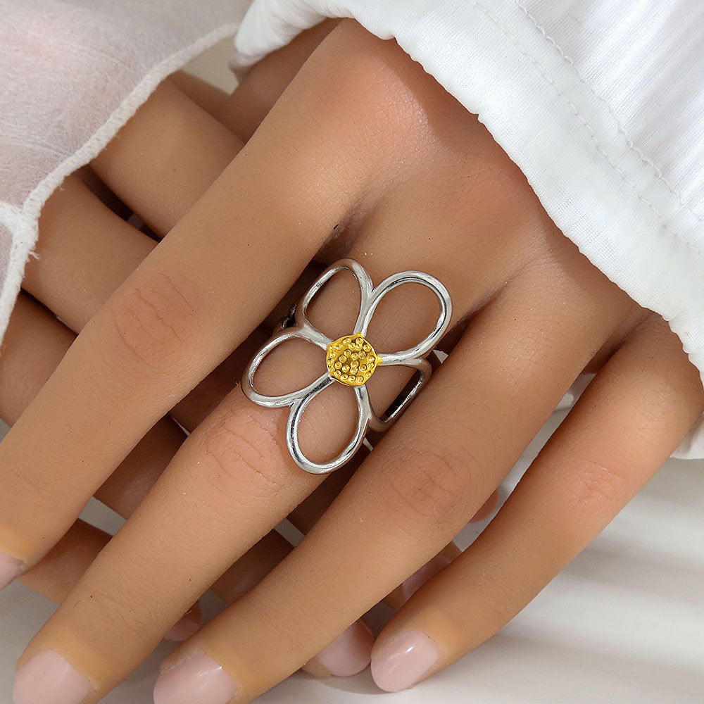 Anillo Abierto Ajustable Floral Minimalista de Acero Inoxidable con Baño de Oro y Plata para Mujer