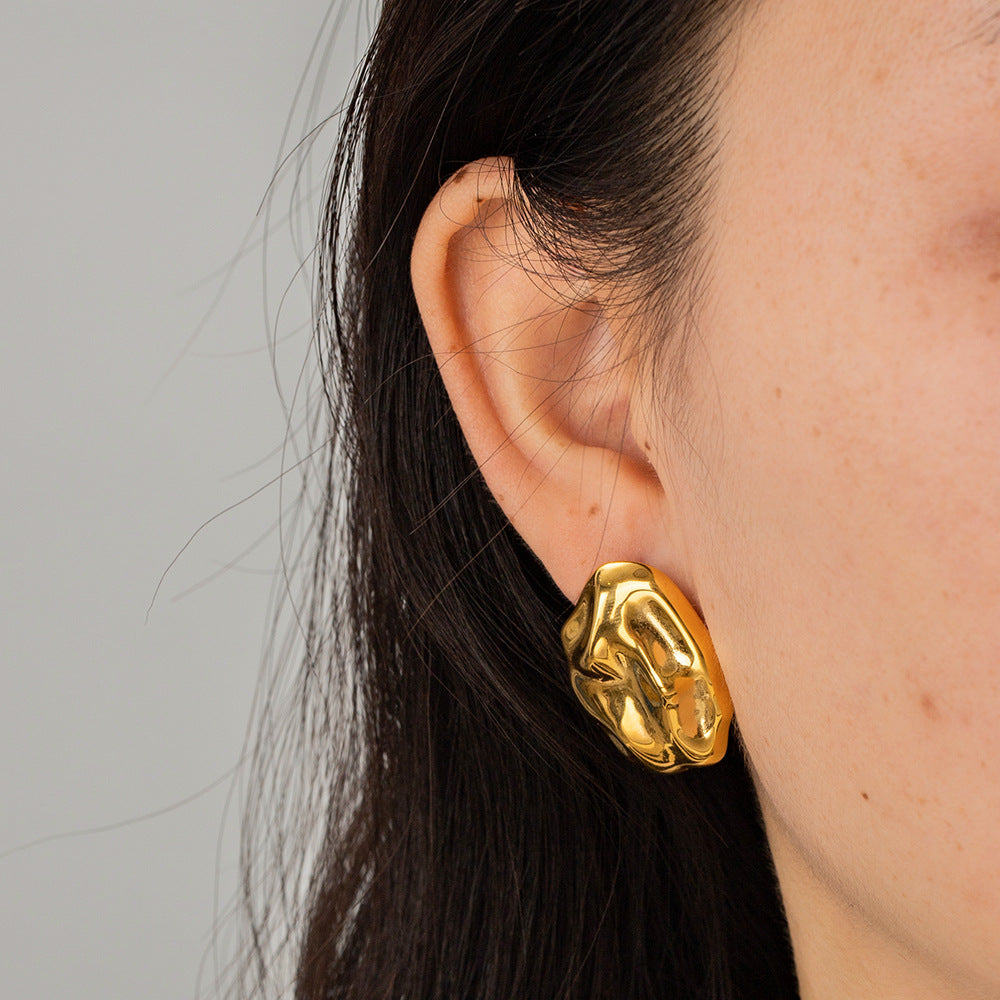 Irregular Geometric Stainless Steel Earrings for Women with 18K Gold Plating, Hypoallergenic Hammered Texture Design