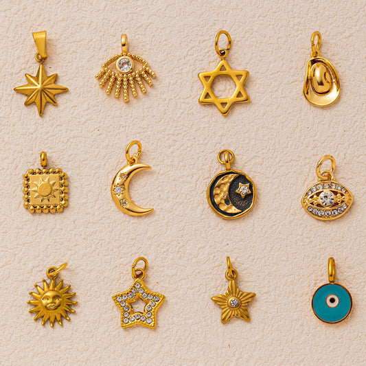 Vintage 18K Gold Plated Stainless Steel Star Pendant Charm Bar PVD Coated