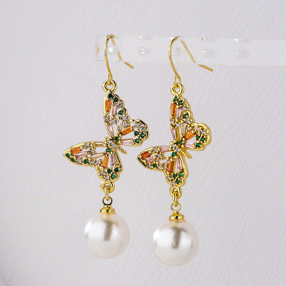 Minimalist Geometric Butterfly Earrings for Women Copper Base with 18K Gold Plating and Zircon Inlay