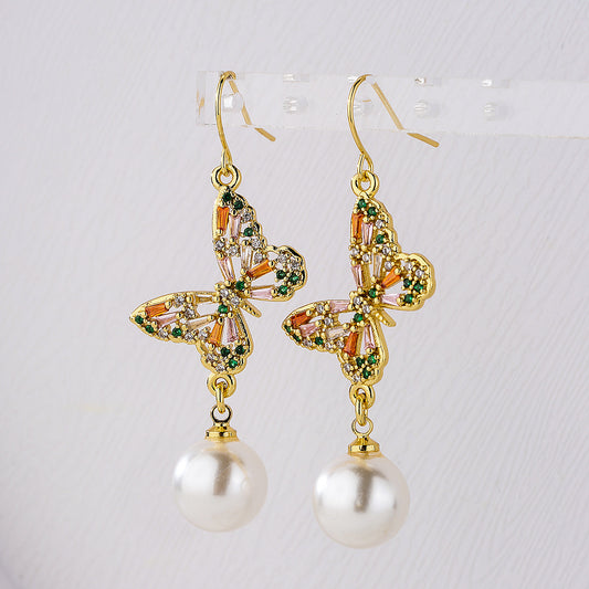Minimalist Geometric Butterfly Earrings for Women Copper Base with 18K Gold Plating and Zircon Inlay