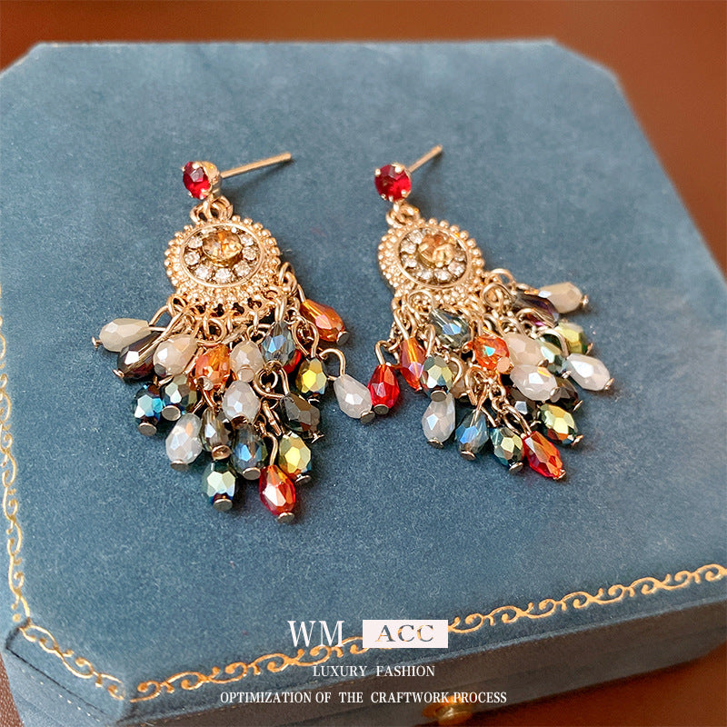 Ethnic Vintage Style Geometric Crystal Floral Tassel Earrings with Stainless Steel Posts for Women