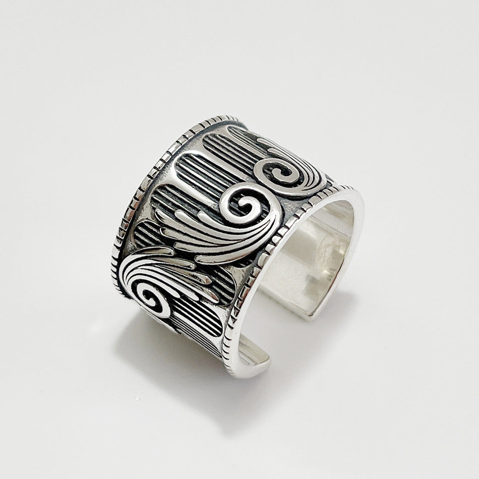 Vintage Minimalist 925 Sterling Silver Heart Wing Wide Open Ring with Silver Inlay for Women
