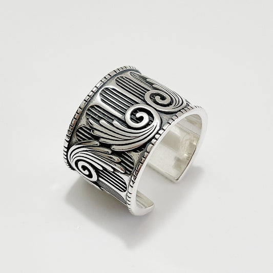 Anillo abierto ancho con incrustaciones de plata, de plata esterlina 925, con diseño de corazón y ala, minimalista, estilo vintage, para mujer