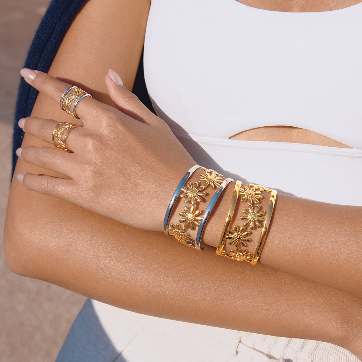 Sweet Streetwear Two-Tone Gold and Silver Plated Stainless Steel Floral Curve Bracelet and Ring Set for Women