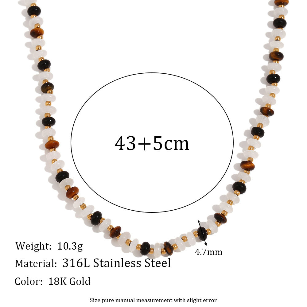 Minimalist Geometric Stainless Steel Necklace with Titanium Steel Beads, Tiger Eye and White Jade Accents, Gold Plated 18K Finish