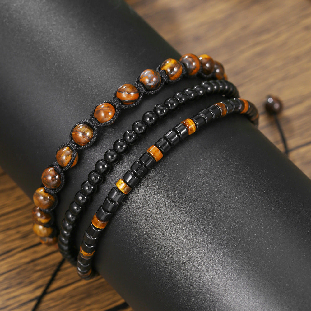 Handmade Geometric Tiger's Eye and Black Agate Braided Bracelet for Men and Women