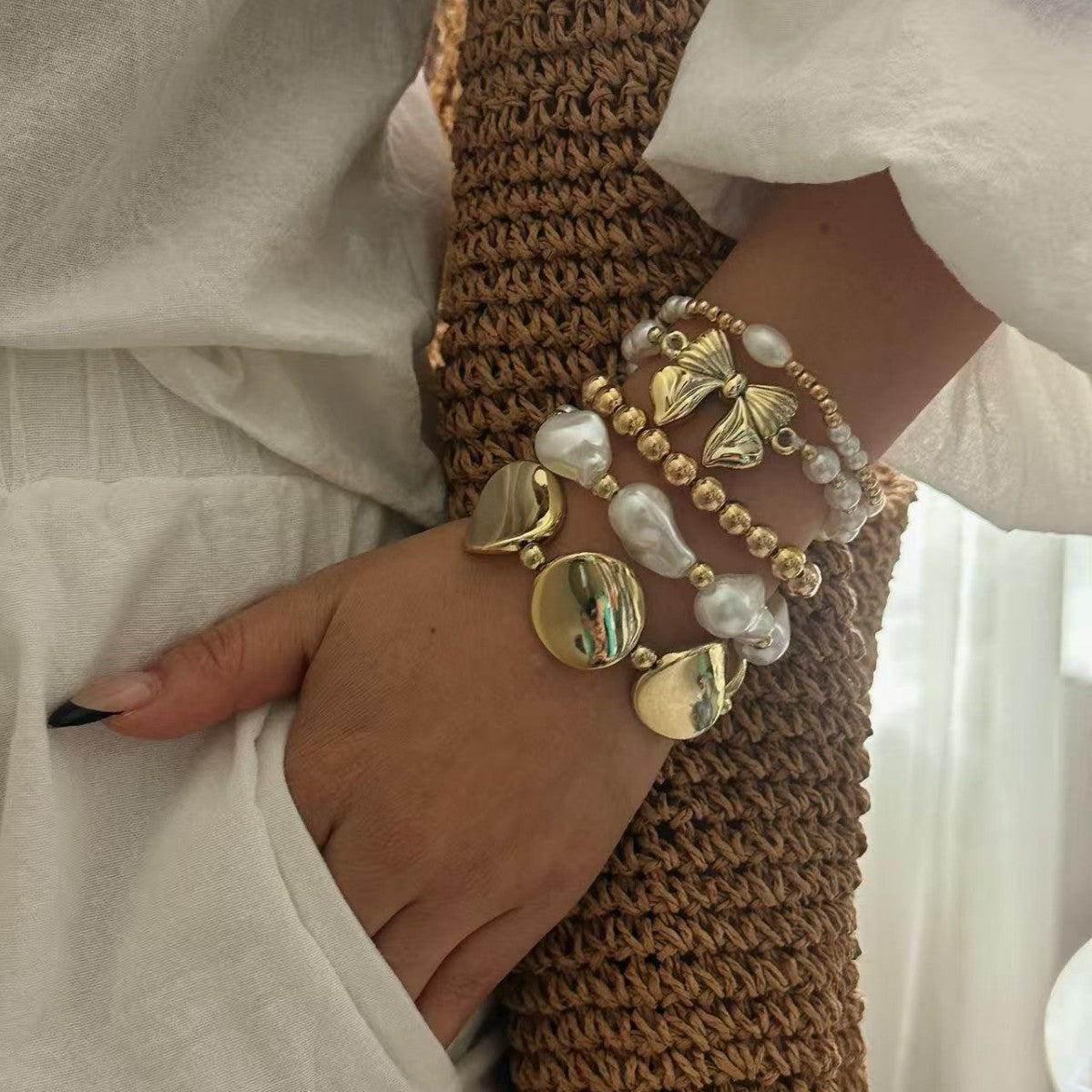 Casual Geometric Heart Bow Acrylic Beaded Bracelet Set with Pearl Elements