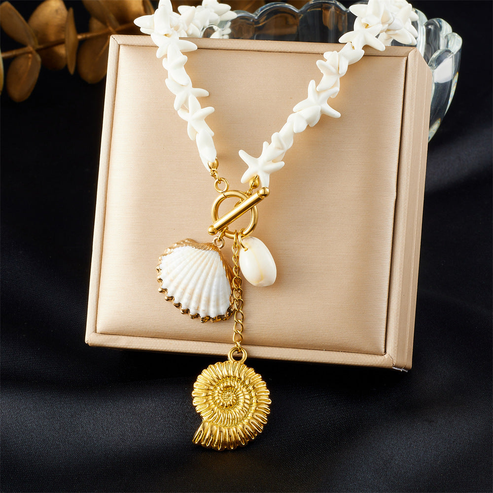 Bohemian Gold Plated Stainless Steel Star Shell Beaded OT Clasp Necklace for Women