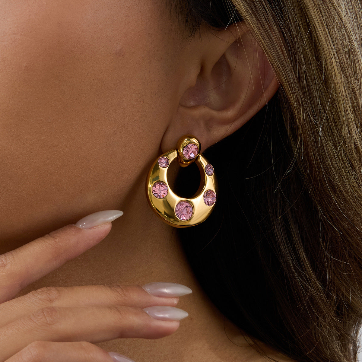 Elegant Geometric Round Cubic Zirconia Plated Stainless Steel Titanium Steel Post Earrings for Women