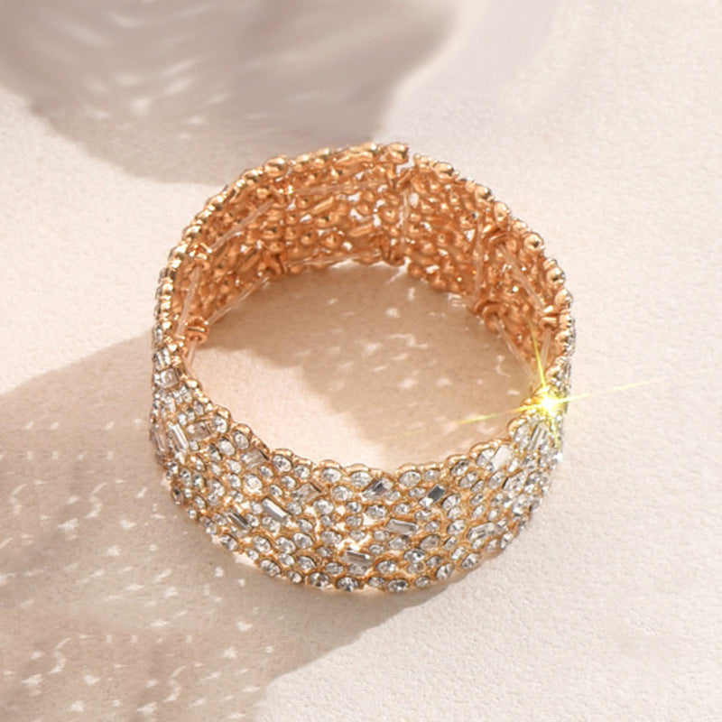 Set di bracciali da donna in lega di zinco con intarsi in strass, stile geometrico minimalista e polsino ampio