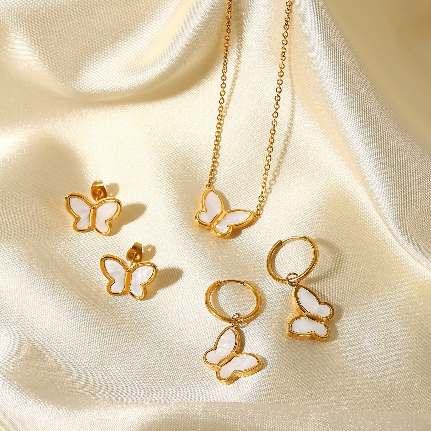 Minimalist Butterfly 18K Gold Plated Stainless Steel Necklace and Earrings Set with Natural White Shell
