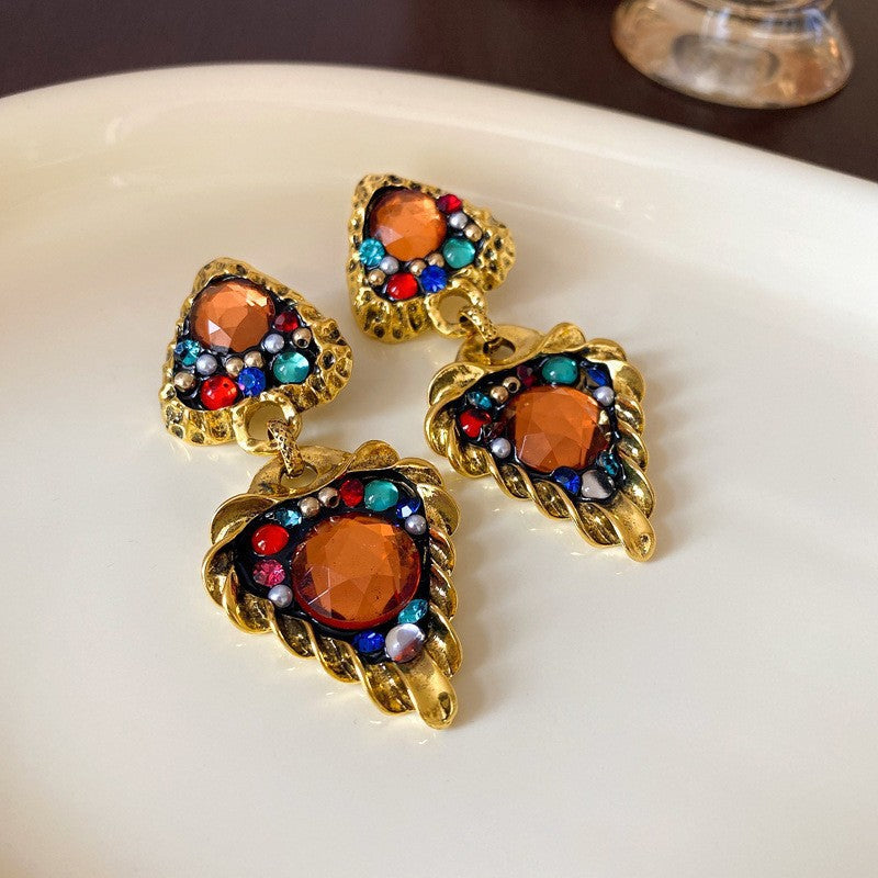 Pendientes colgantes de metal con acabado chapado, diseño floral geométrico de corazón, estilo vintage chic para mujer