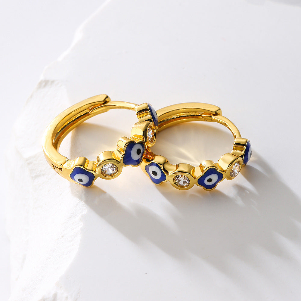 Orecchini da donna geometrici mini retrò a forma di occhio diabolico in rame con placcatura in oro 18K e intarsio di zirconi