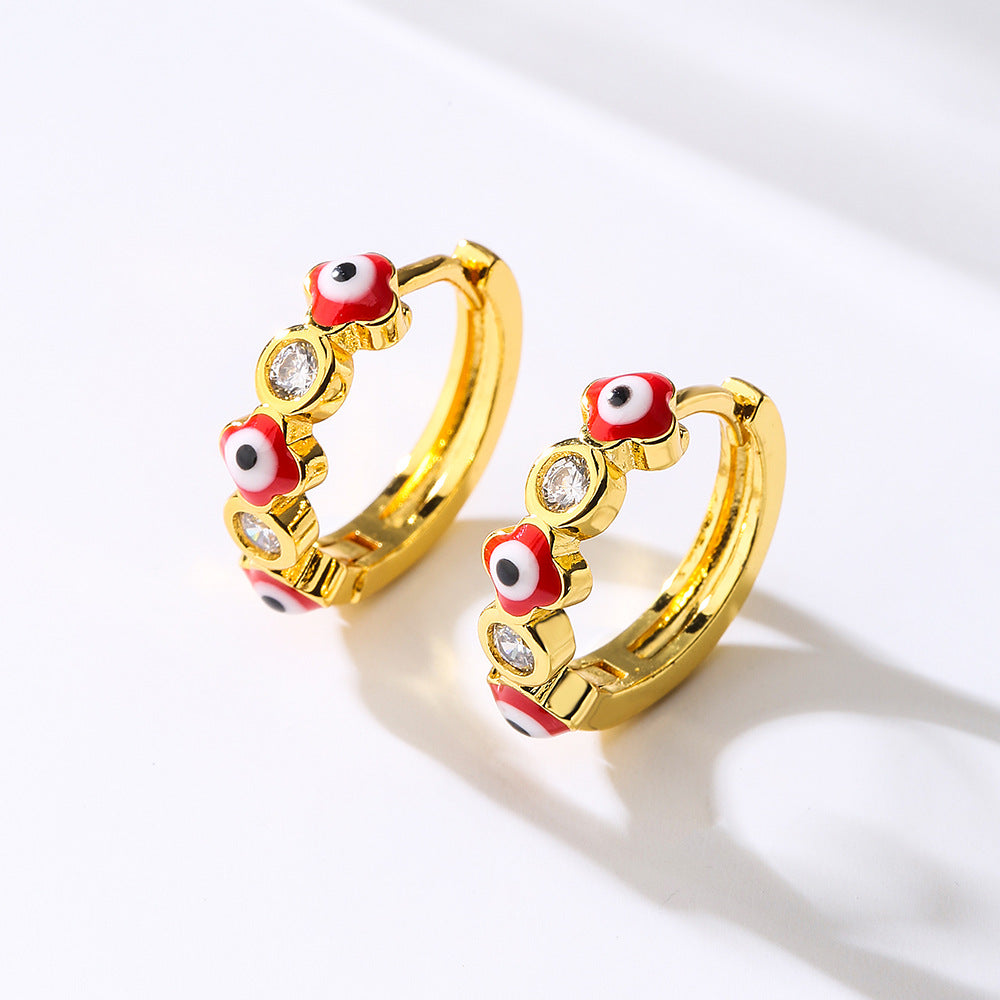 Orecchini da donna geometrici mini retrò a forma di occhio diabolico in rame con placcatura in oro 18K e intarsio di zirconi