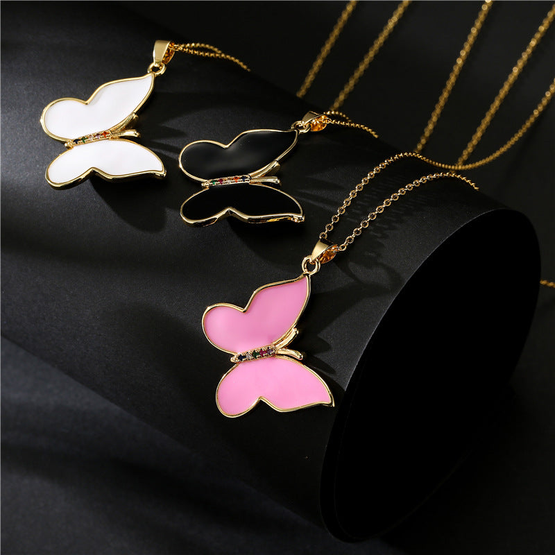 Sweet Solid Color Drip Oil Butterfly 18K Gold Plated Brass Necklace with Cubic Zirconia