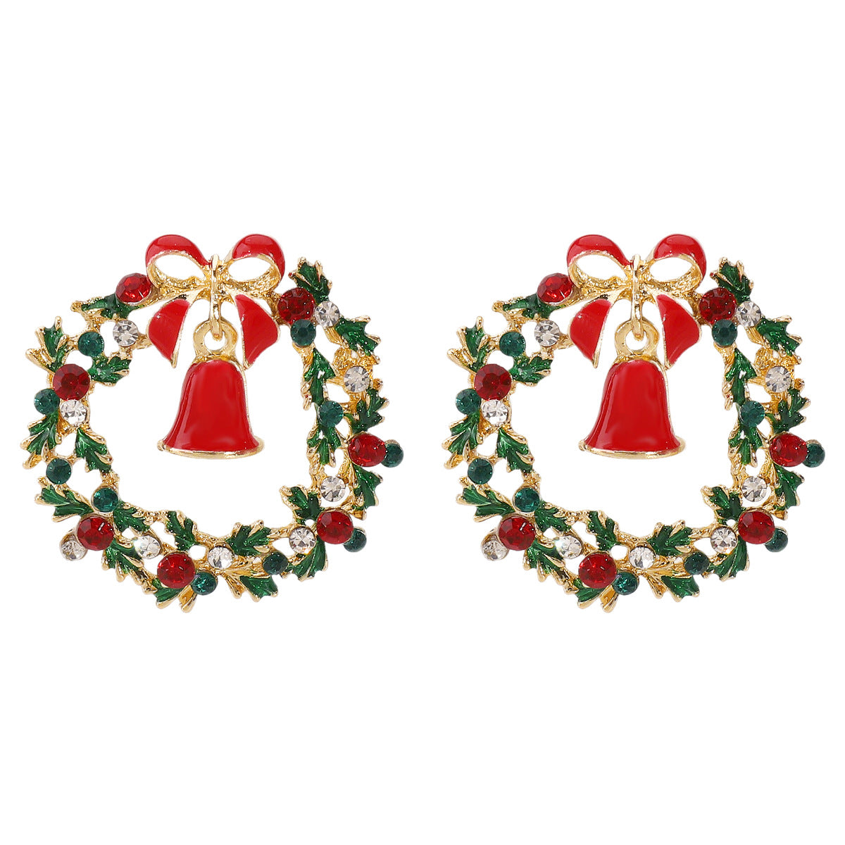 Pendientes de aleación con forma de corazón, temática navideña, incrustaciones de diamantes de imitación y lazo decorativo para mujer
