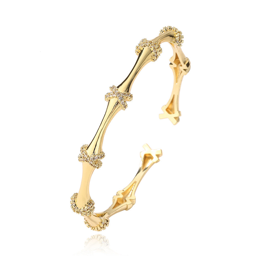 Minimalist Bamboo-Shaped Open Bangle for Women Made of Brass with Real Gold Plating and Micro-Paved Zirconia