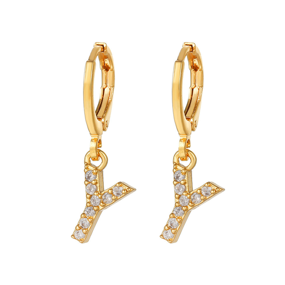 Minimalist Elegant Gold Plated Brass Micro-Inlaid Cubic Zirconia Letter Hoop Earrings for Women