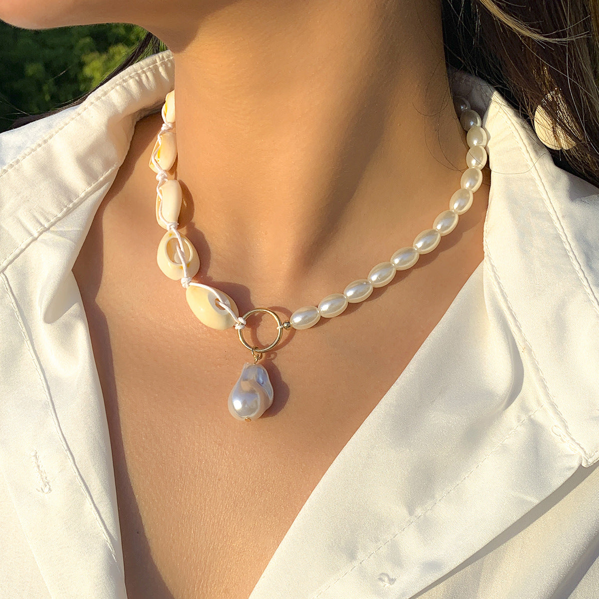 Bohemian Ethnic Geometric Oval Faux Pearl Plated Ball Chain Necklace for Women