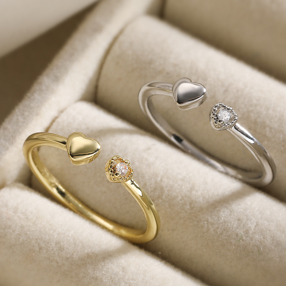 Minimalist 18K Gold Plated Brass Heart Geometric Ring with Cubic Zirconia for Women