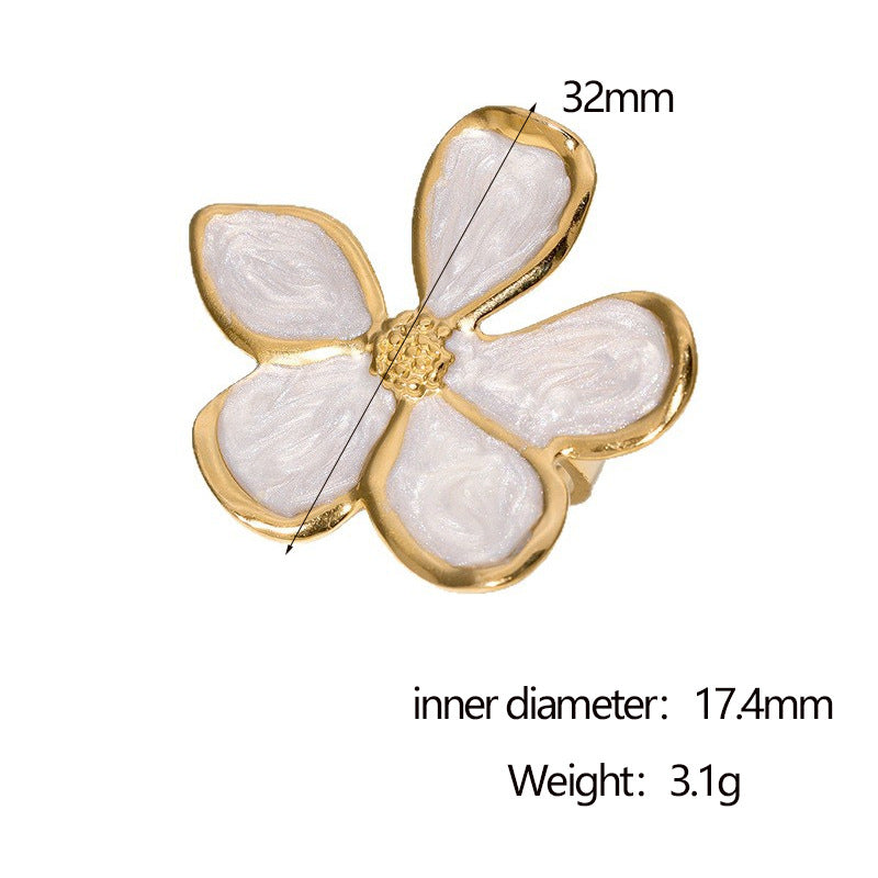 Vintage French-Style Stainless Steel Ring with Enamel Five-Petal Floral Design for Women, Minimalist Adjustable Open Band
