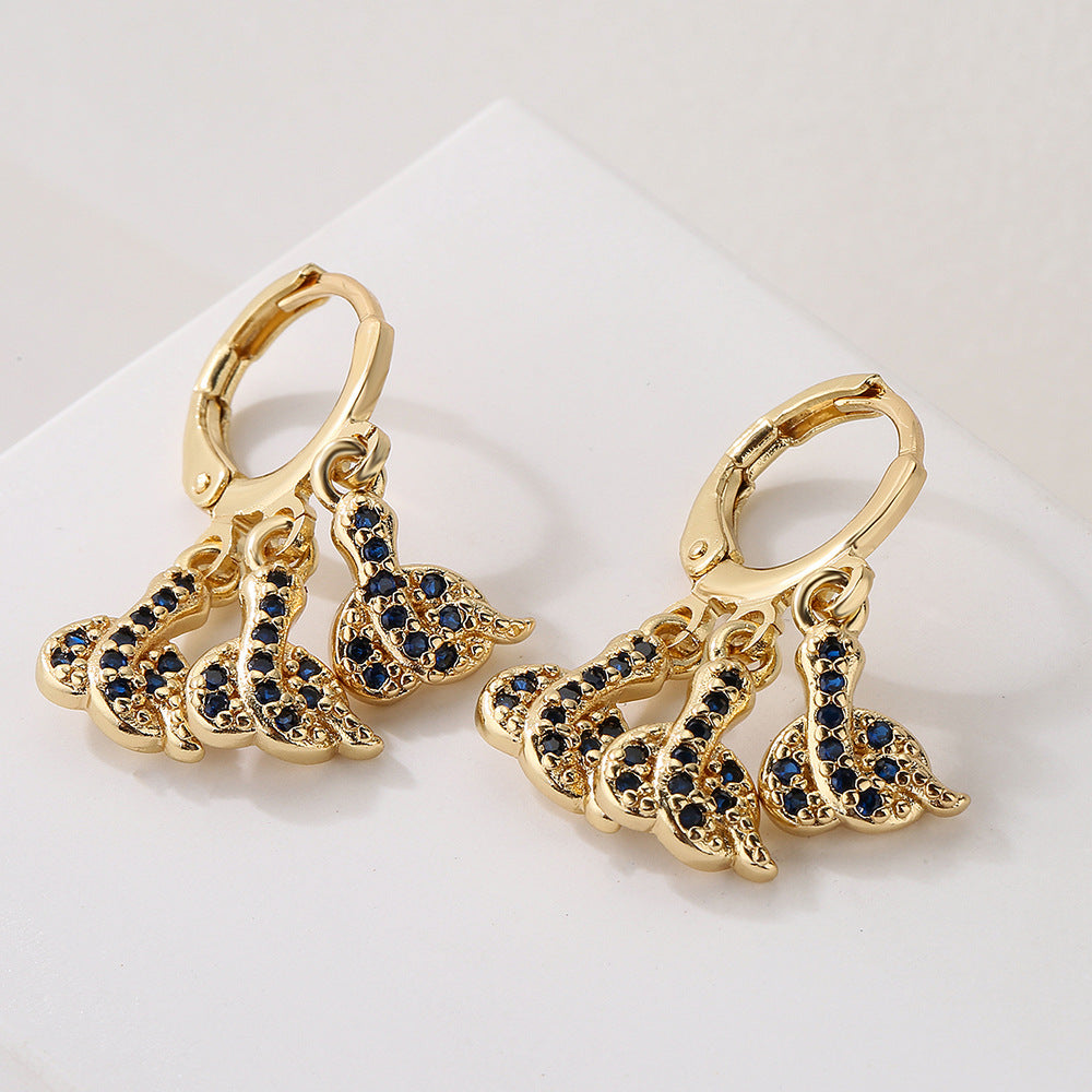 Geometric Snake-Shaped Copper Earrings with Zircon Inlay and 18K Gold Plating for Women
