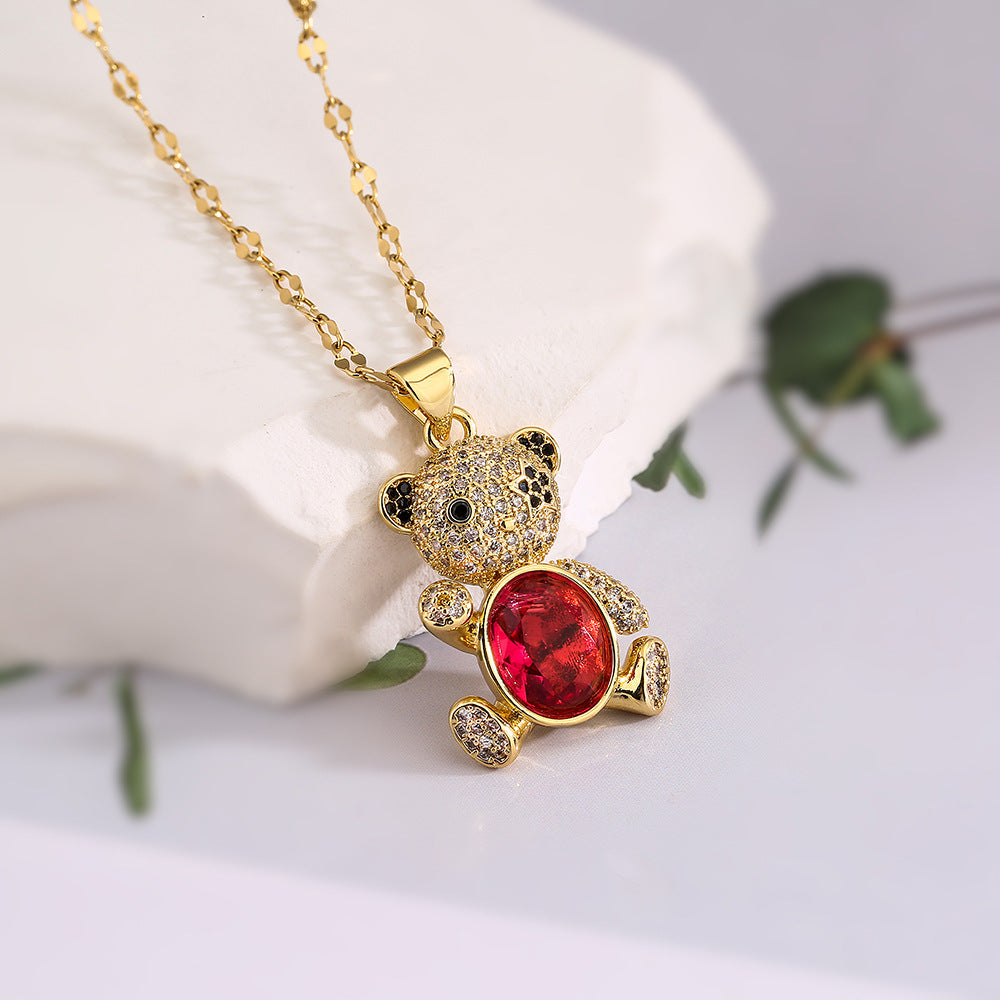 Cute Minimalist Bear-Shaped Copper Necklace with Real Gold Plating and Zircon Inlay for Women