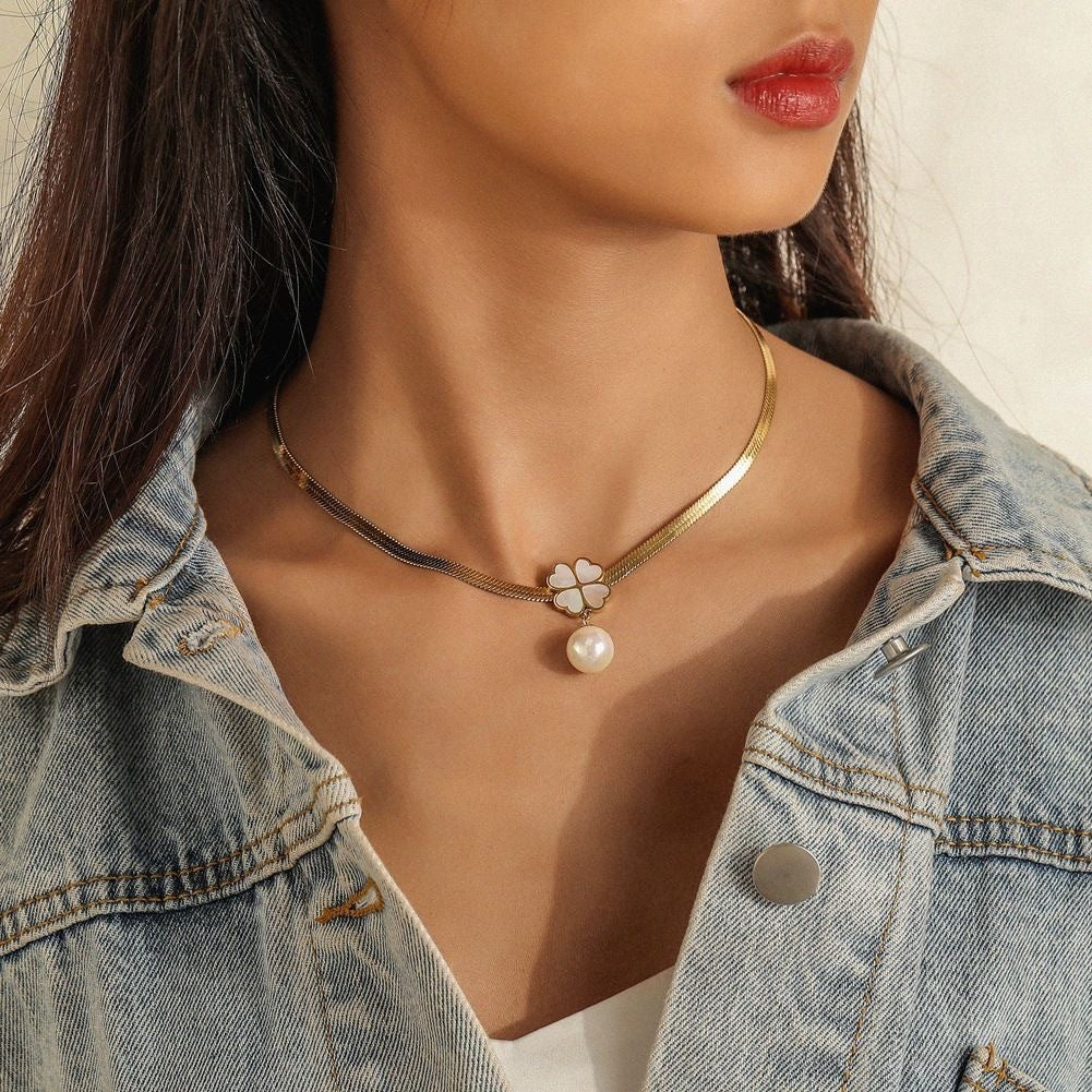 Minimalist Clover-Shaped Titanium Steel Necklace with Pearl Pendant for Women
